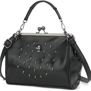 Women Vintage Hollow Handbag Oil Leather Kiss Lock Rivet Skull Shoulder Crossbod